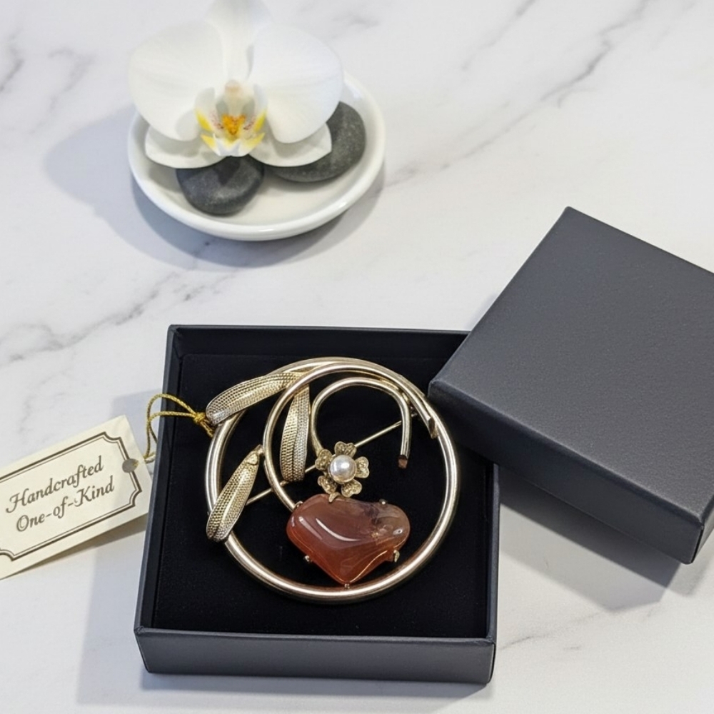 Vintage Artisan Heart Carnelian Cultured Pearl Brooch Pin 1 7/8" Gold Botanical